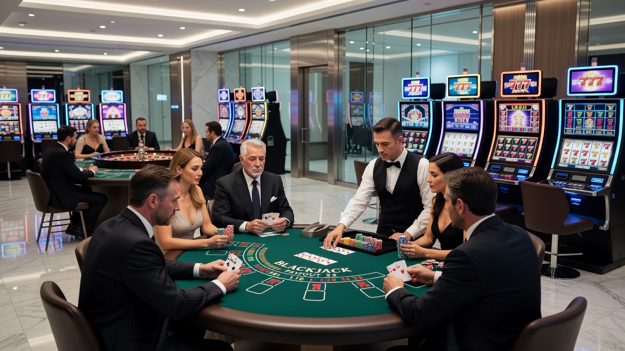 Close-up view of roulette wheel and blackjack table layout during active play
