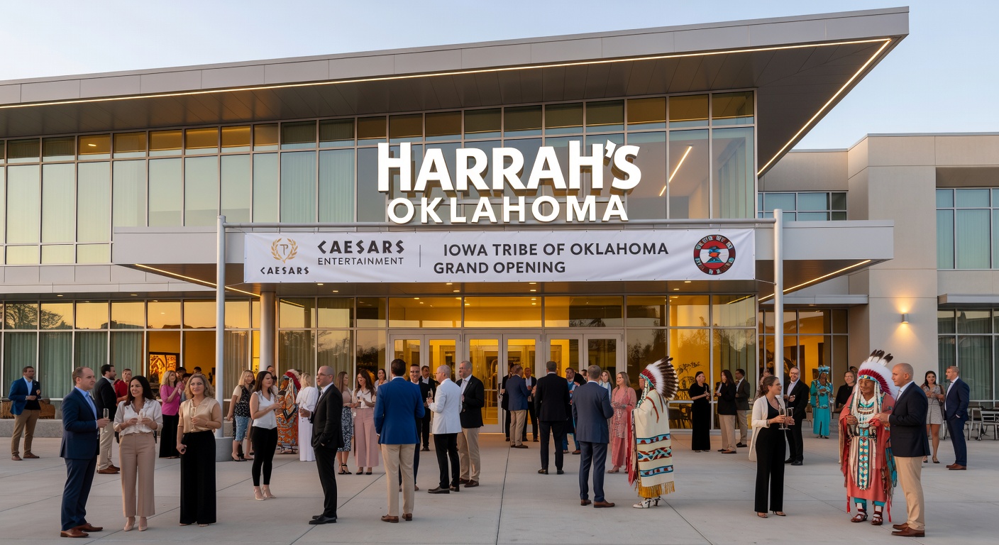 Interior shot of Harrah’s Oklahoma gaming floor, featuring rows of slot machines, table games, and patrons enjoying the new venue