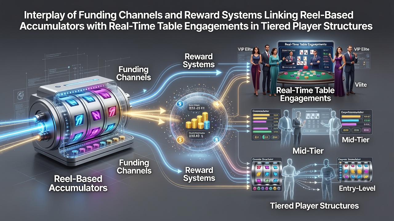 Diagram showing funding flows from digital wallets into slot accumulators and onward to live table rewards within tiered loyalty structures