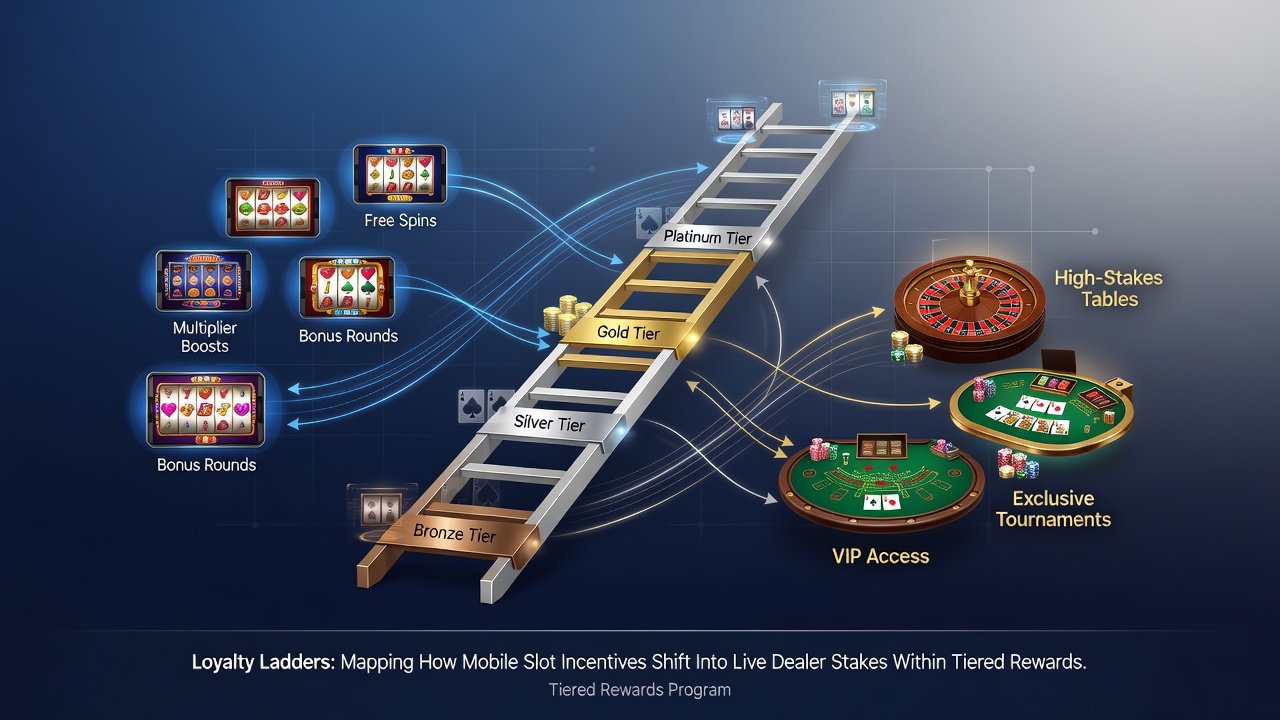 Mobile device displaying loyalty points transferring to live dealer table interface with tier progression indicators
