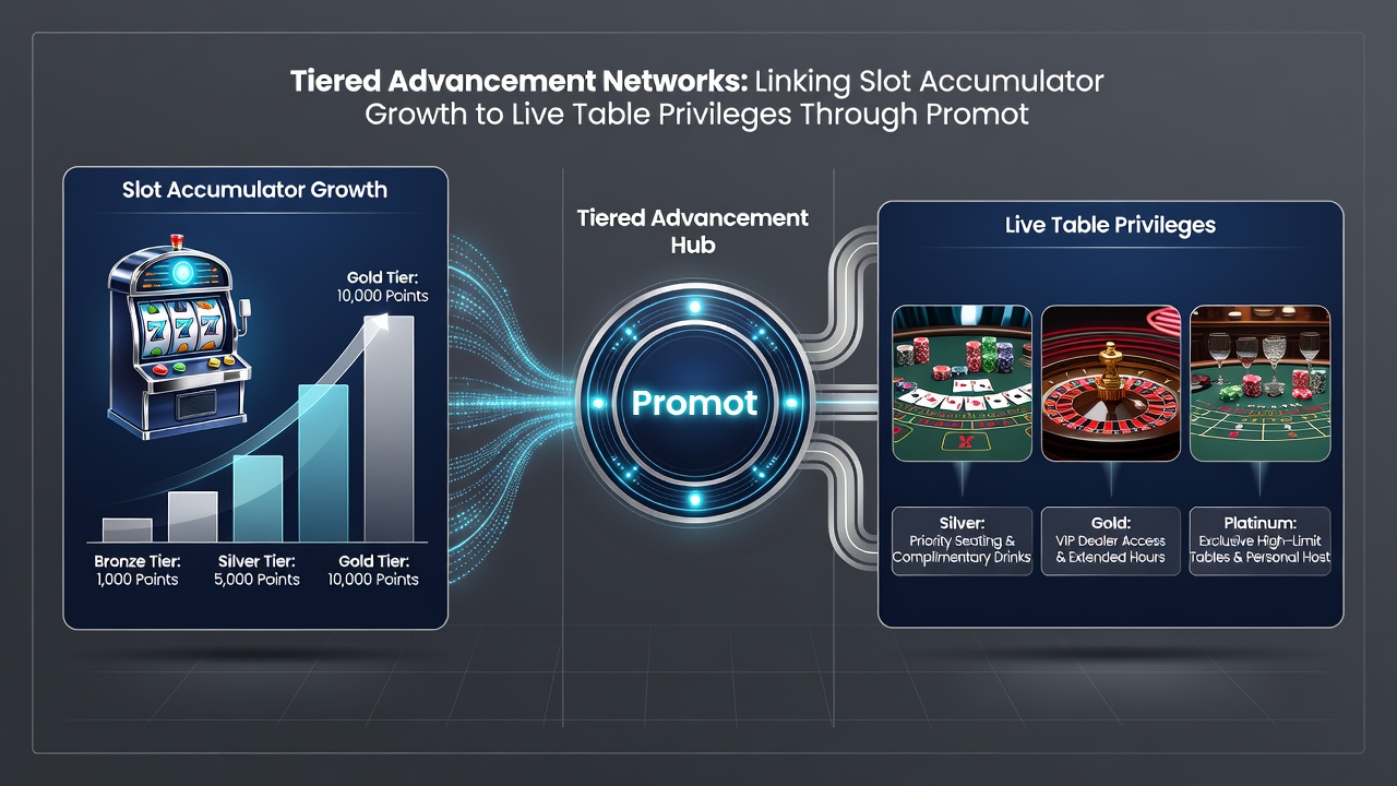Infographic showing promotional layering between slot machines and live dealer tables in casino VIP programs