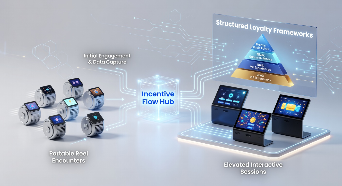 Illustration of incentive pathways connecting mobile reel games to live dealer sessions in loyalty programs