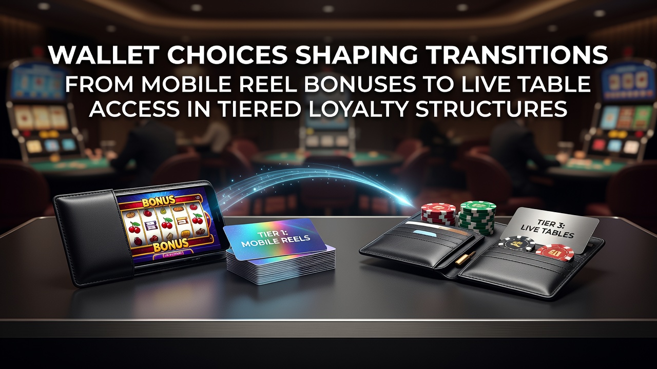 Digital wallet interface displaying mobile reel bonus transfers leading into live dealer table access within loyalty tier systems