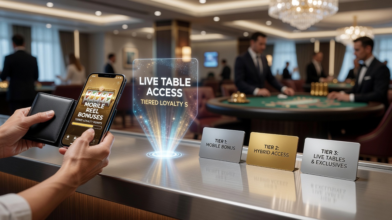 Loyalty tier dashboard illustrating wallet-enabled transfers from mobile reels to live table privileges